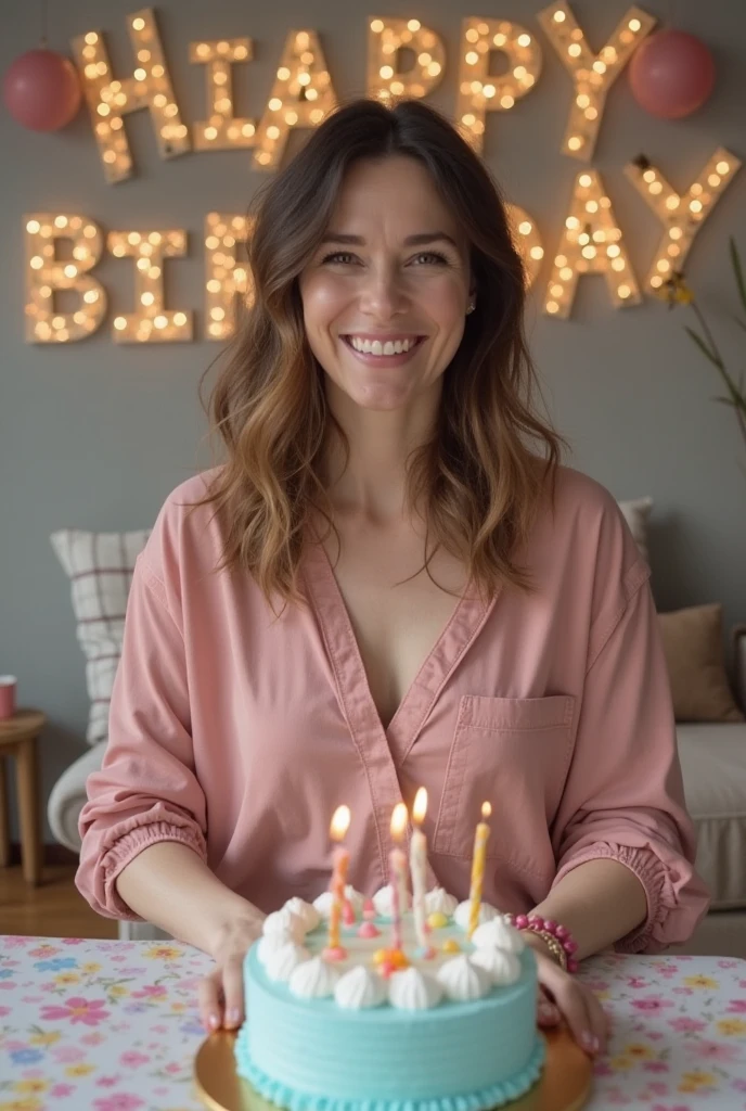 The along women celebrate his birthday along and his cutting a cake with small knife and his face full of happiness . On the cake 20 letter number candle and his waring a black dress with full sleeve hand
