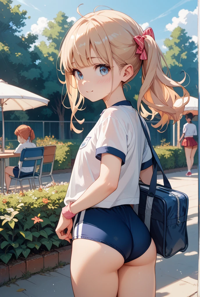 ((1 girl)), Latest trends in clothing, cheerful grin, animated expressions, Sportswear, shorts,blackstockings, racing, Garden ,((very detailled,highest quallity, high resolution, 8 k wallpaper, pretty clothing,)),(hair orange, Hair to the shoulders, juvenile,bouncy hair, ((asymmetrical bangs)) ,(shining blue eyes),ombre, eyeliner,glowing eye, very detailledな目, complex eyes, gorgeous eyes, 輝くBright blue eyes 17 year old