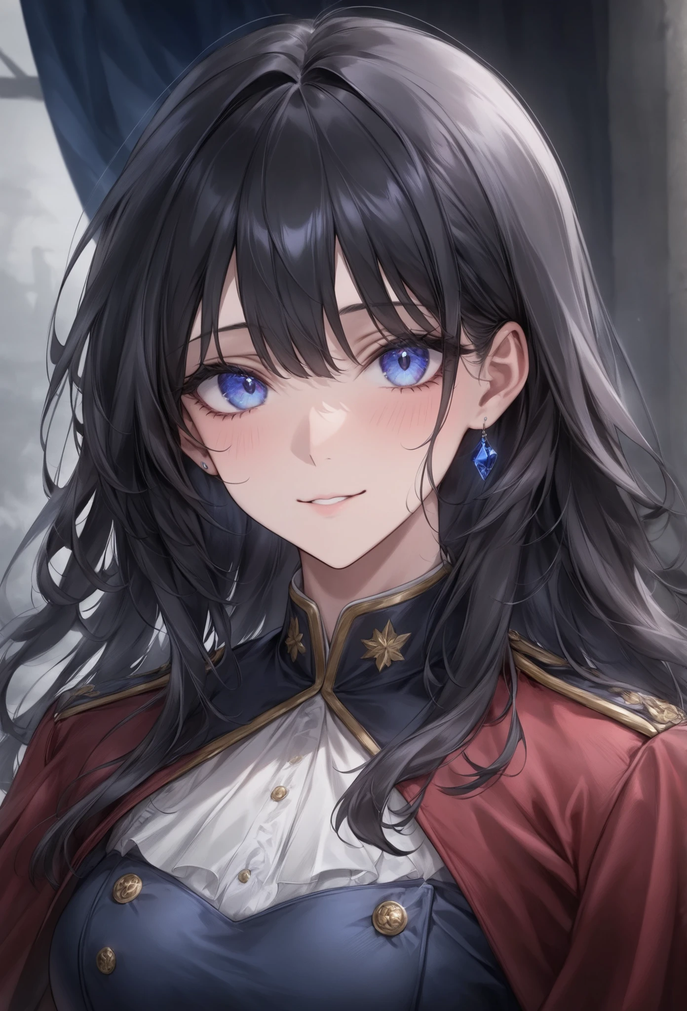 score_9, score_8_up, (masterpiece, top quality, best quality, official art, beautiful and aesthetic:1.2), (8k, best quality, masterpiece:1.2), (((masterpiece))), (((best quality))), (((extremely detailed))), illustration, (masterpiece, top quality, best quality, official art, beautiful and aesthetic:1.2), (8k, best quality, masterpiece:1.2), see-through, source_anime, 1girl, adult, ((dark hair)), dark hair, ((intimidant look)), ((close-up)), blue eyes, uniform, sexy, dark colors, brillant eyes, ((wavy hair)), perfect hands, ((intimidant look)), good anatomy, ((militar uniform)), emotionless, intimidant, ((beautiful eyes)), close up, ((detailed eyes)), beautiful eyes, ((detailed face)), arrogant smile, detailed face, full body, full body, evil smile