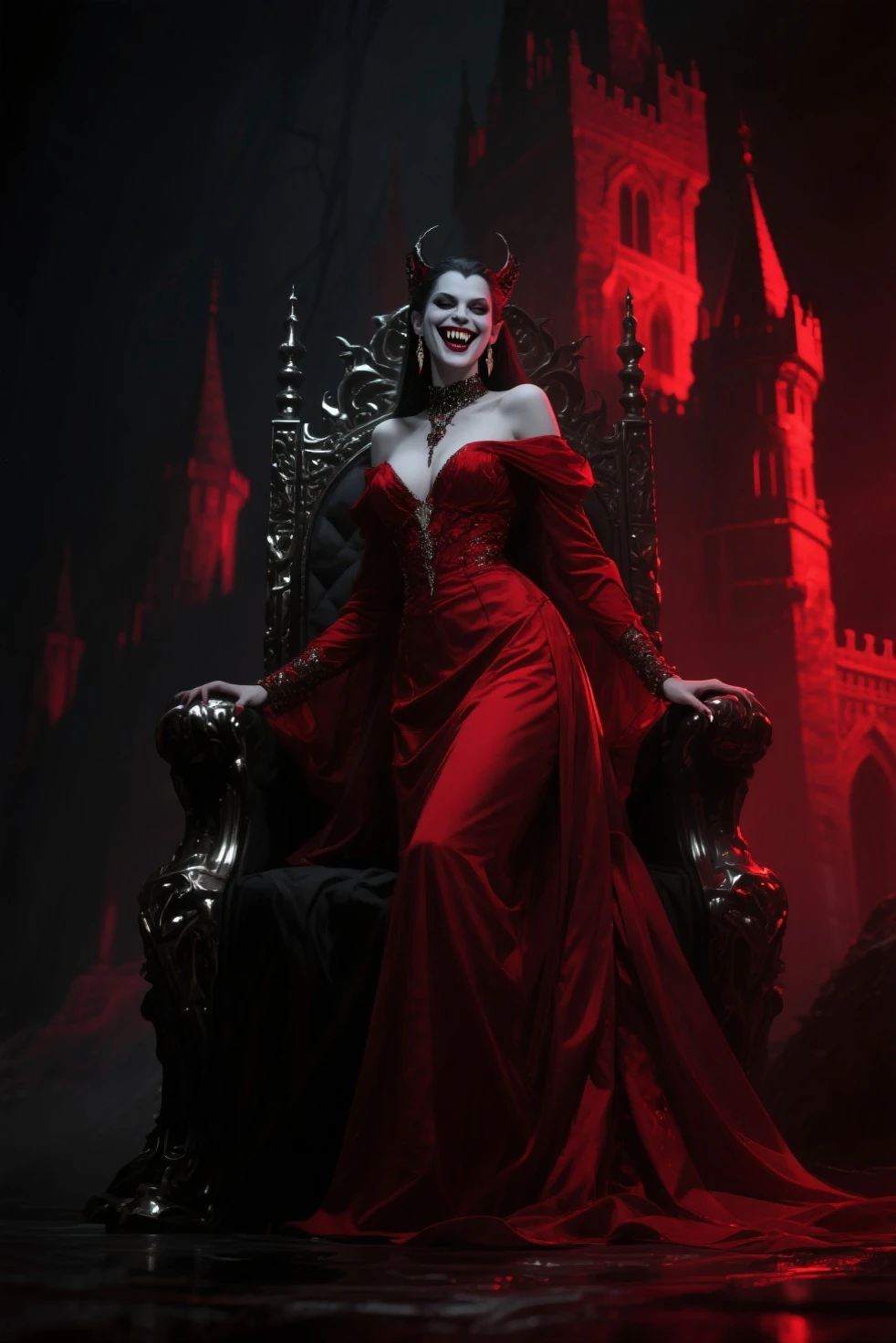 a picture of a vampire queen sitting on her dark throne, a (vampire queen: 1.1) wearing dark red dress, royal dress, dynamic hair, bold intense eyes, extremely exquisite beautiful queen, perfect body, (anatomically corect: 1.3), ultra feminine, ultra detailed face, red lips, red glowing eyes, she sits on a dark frightful, a throne of fear, and might, throne carved from black marble , legendary symmetric design, with (many carvings in the marble: 1.3), skulls on the handles, decorated with rubies, and opal gems, dark fantasy hall room background, (masterpiece: 1.4) intense details, highly detailed, photorealistic, best quality, highres,16k, [ultra detailed], masterpiece, best quality, (extremely detailed), close up, ultra wide shot, photorealistic, RAW, fantasy art, dnd art, fantasy art, realistic art,((best quality)), ((masterpiece)), (detailed: 1.5), ladyshadow, RagingNebula