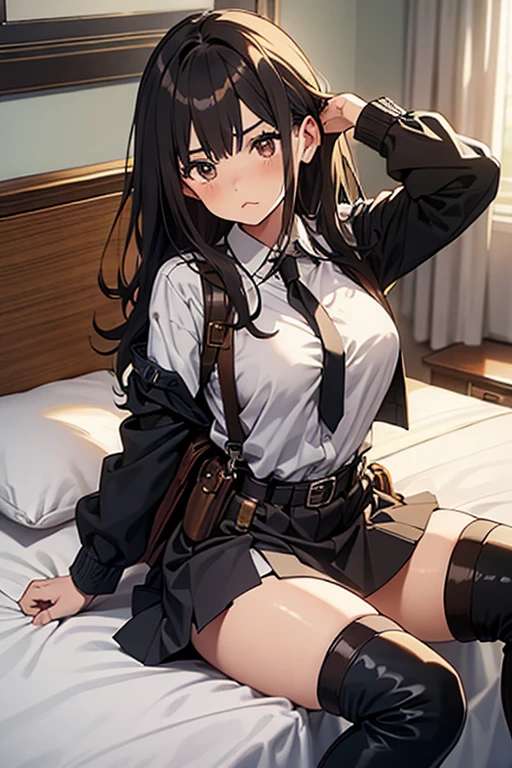 Brown hair、watching at viewers　　　black suspenders　　　Bulging big breasts　　 　 　　　walls: 　Black miniskirt　garters　　　　　　Gaze　　　Small face　bangss 　　　holster　　Belt Armament　Beautuful Women　srestrained　hands up　Lying in bed　Leg holster lying on the bed　　Gaze 　black boots panty shot