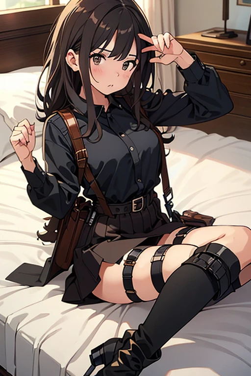 Brown hair、watching at viewers　　　black suspenders　　　Bulging big breasts　　 　 　　　walls: 　Black miniskirt　garters　　　　　　Gaze　　　Small face　bangss 　　　holster　　Belt Armament　Beautuful Women　srestrained　hands up　Lying in bed　Leg holster lying on the bed　　Gaze 　black boots panty shot