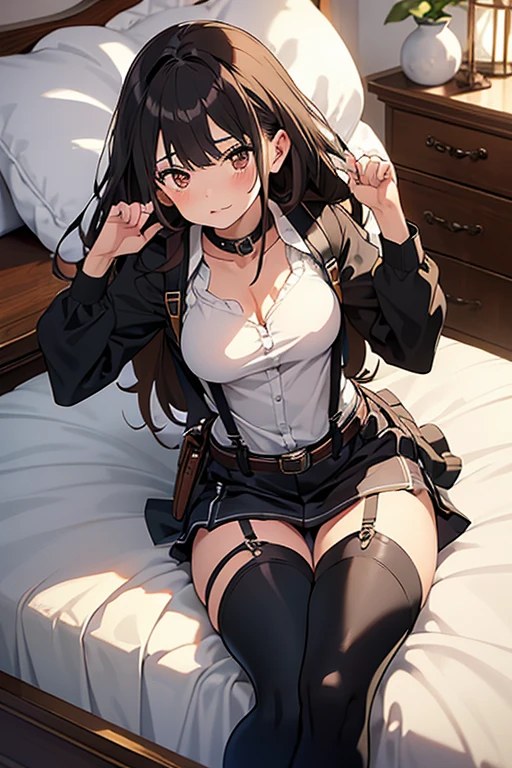 Brown hair、watching at viewers black suspenders Bulging big breasts walls: Black miniskirt garters Gaze Small face bangss holster Belt Armament Beautuful Women srestrained hands up Lying in bed Leg holster lying on the bed Gaze black boots panty shot