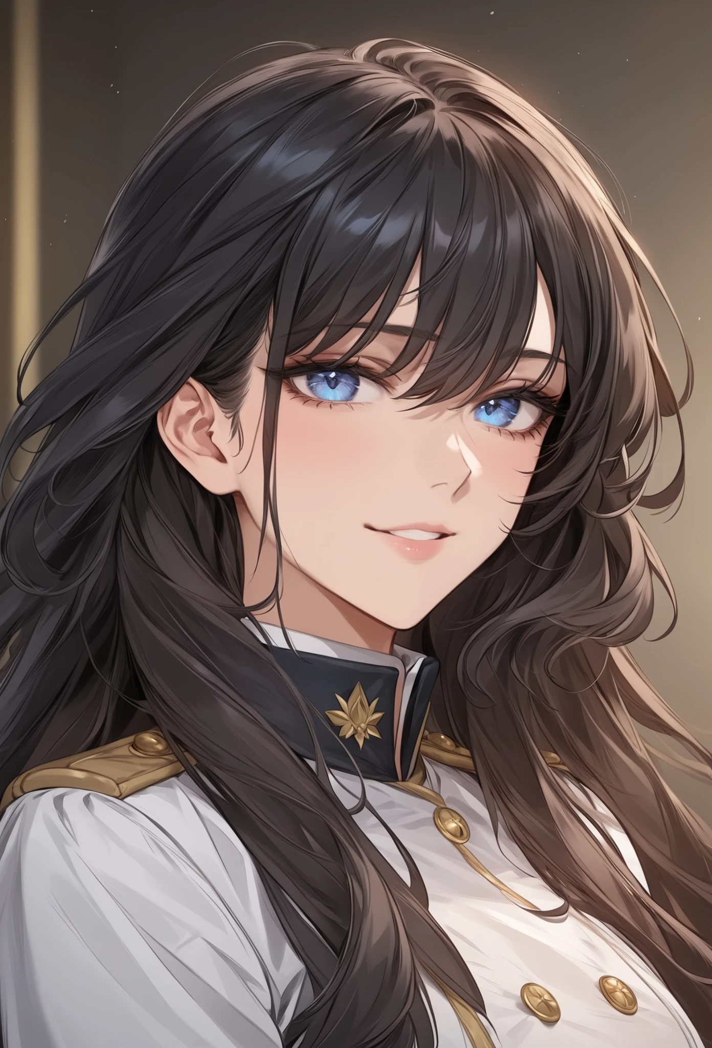score_9, score_8_up, (masterpiece, top quality, best quality, official art, beautiful and aesthetic:1.2), (8k, best quality, masterpiece:1.2), (((masterpiece))), (((best quality))), (((extremely detailed))), illustration, (masterpiece, top quality, best quality, official art, beautiful and aesthetic:1.2), (8k, best quality, masterpiece:1.2), see-through, source_anime, 1girl, adult, ((dark hair)), dark hair, ((intimidant look)), ((close-up)), blue eyes, uniform, sexy, dark colors, brillant eyes, ((wavy hair)), perfect hands, ((intimidant look)), good anatomy, ((militar uniform)), emotionless, intimidant, ((beautiful eyes)), close up, ((detailed eyes)), beautiful eyes, ((detailed face)), arrogant smile, detailed face, full body, full body, evil smile