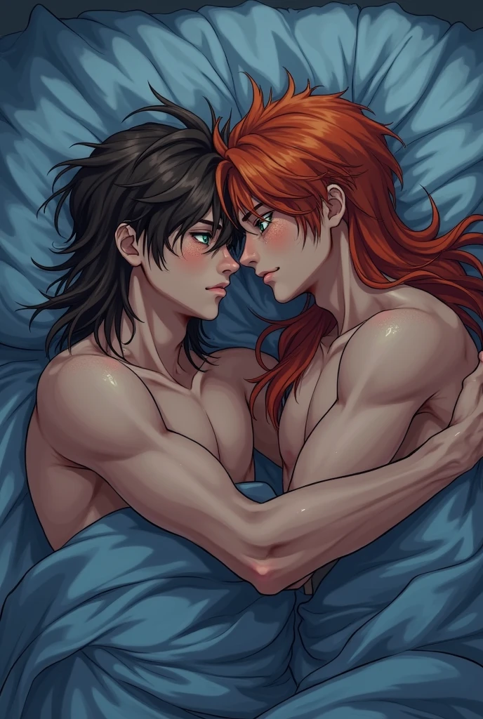 Top quality face，((Top Quality, 8k, Masterpiece: 1.3)), girl and boy, sexy, nsfw, ((wavy hair, pale skin, long ginger hair),(light blue eyes), freckles, warm light,( 16 years old), (very small round breasts),Ultra detailed face, detailed eyes, double eyelids, (body builder:0.8),(beautiful small hard nipple:1.5,on the bed,(shiny skin:1.2),(lie down:0.8),(satisfied face:1.3),(naked:1.2),very erotic, (sex erotic), (satisfied with orgasm), (sexy boy), 1 girl
