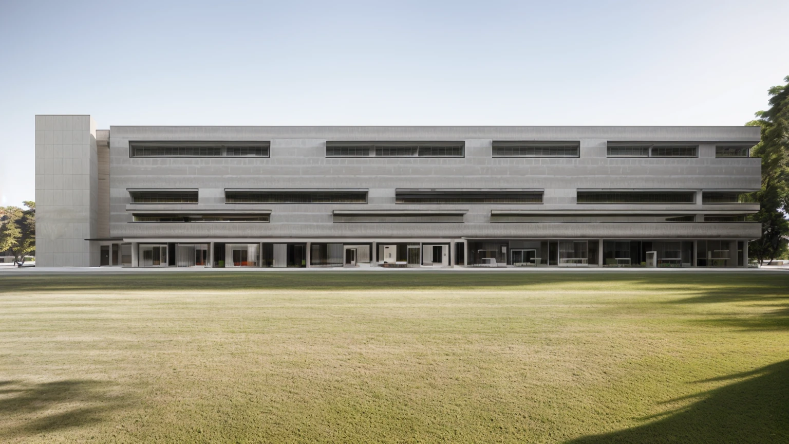 iA modern corporate office building with raw white concrete exterior walls, minimalist and clean architectural style. The structure is multi-story with wide windows, minimal glass facade, sleek design lines, and a contemporary main entrance. Surrounded by green lawn and clear blue sky, with flags fluttering at the front. A company logo is displayed on the facade. Shot in daylight from a cinematic wide-angle perspective. The image should be hyperdetailed and photorealistic, 50mm f/2.8 cinematic depth of field, ominous undertones, dynamic lighting, CGI VFX, 8k ultra-fine detail, unreal engine 5 realism, perfect natural colors, extremely photorealistic