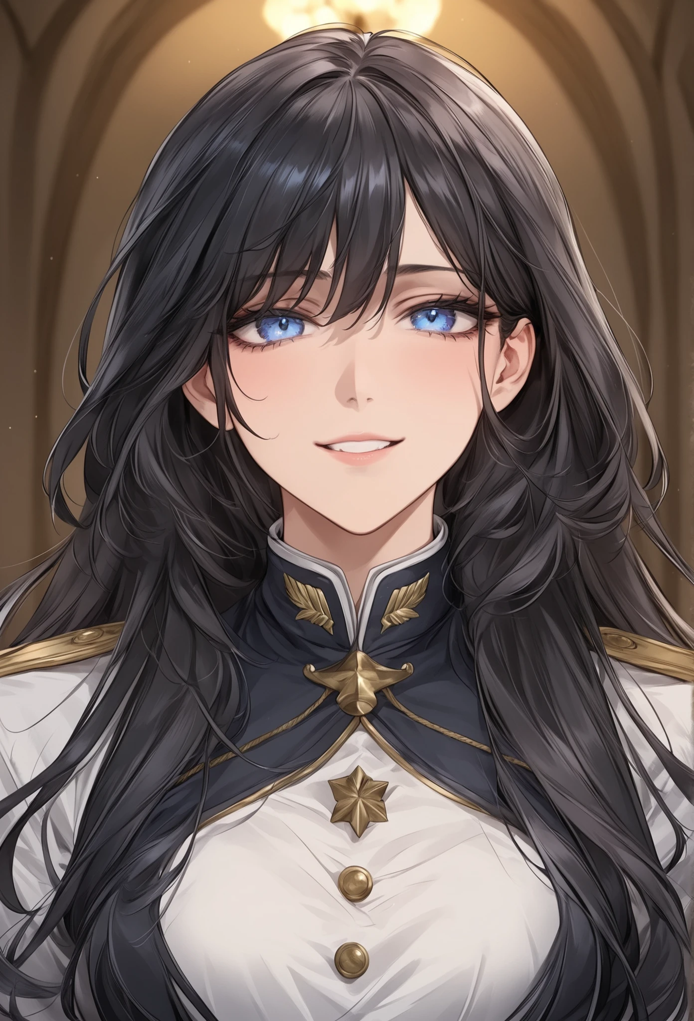 score_9, score_8_up, (masterpiece, top quality, best quality, official art, beautiful and aesthetic:1.2), (8k, best quality, masterpiece:1.2), (((masterpiece))), (((best quality))), (((extremely detailed))), illustration, (masterpiece, top quality, best quality, official art, beautiful and aesthetic:1.2), (8k, best quality, masterpiece:1.2), see-through, source_anime, 1girl, adult, ((dark hair)), dark hair, ((intimidant look)), ((close-up)), blue eyes, uniform, sexy, dark colors, brillant eyes, ((wavy hair)), perfect hands, ((intimidant look)), good anatomy, ((militar uniform)), emotionless, intimidant, ((beautiful eyes)), close up, ((detailed eyes)), beautiful eyes, ((detailed face)), arrogant smile, detailed face, full body, full body, evil smile