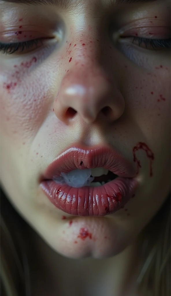 A woman full of blood on the face is very creepy