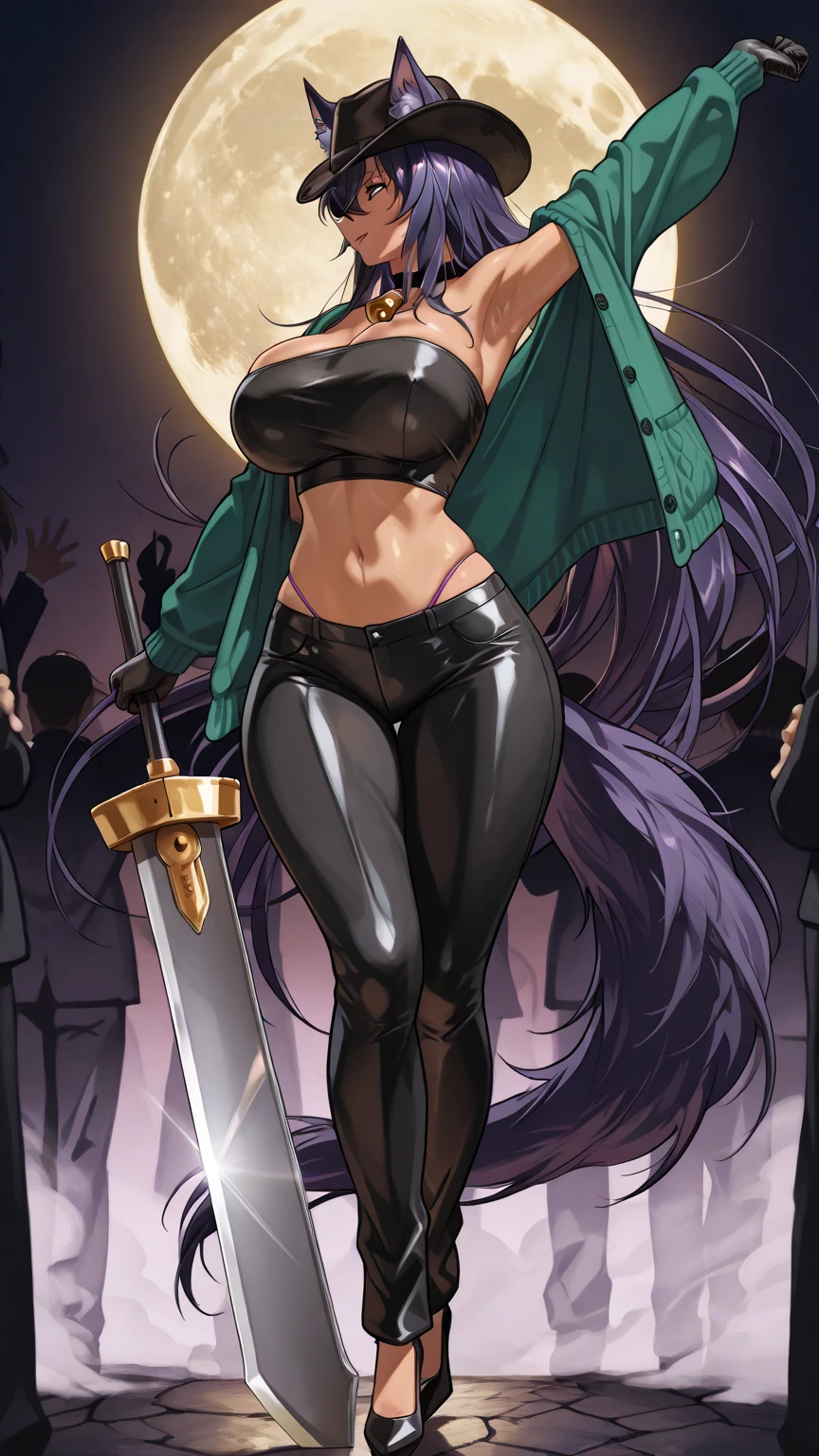 Skintight clothing, seductive pose, large breasts, skinny, Sexy, revealing outfit, Create a full-body shot of a female character with long, dark blue hair and a white streak on one side. She has large, expressive yellow eyes and pointed elf-like ears. She is wearing a green jacket over a black top, and her expression should be one of surprise or curiosity. The background should be a forest setting with green trees and a natural ambiance, making the image suitable for an iPhone wallpaper