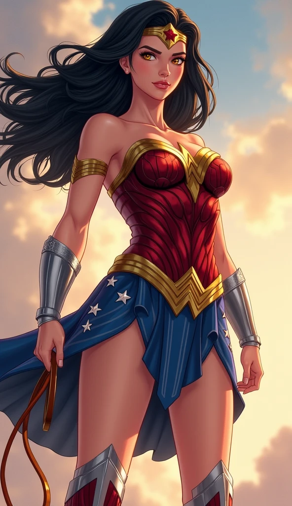 wonder woman, (pretty face:1.2), (finely detailed face and beautiful eyes), mature female, muscle, bare hands, (armlet, armored dress, bracer, head ring ), (black eyes, black long hair, messy hair, floating hair), (long proportional legs), (best quality:1.1),(clear background:1.2), dark_fantasy, wind, 35mm lens, f/1.4, 8K, ((masterpiece)), trending on Artstation, DeviantArt, Mucha, Rutkowski, artgerm
