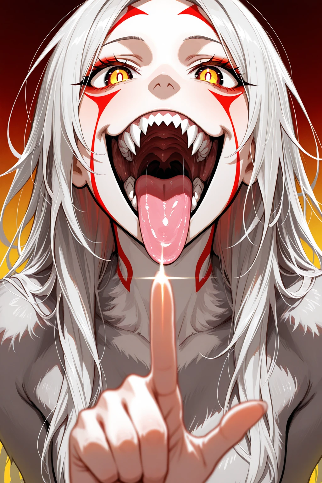 best quality, 8k, 32k, masterpiece, UHD:1.2), highres, ((sharp focus)), beautiful detailed face, delicate details, (cartoon cow girl with her mouth open and teeth showing) , 1girl, solo, pov, no background, ((face close up)), ((looking at viewer)), (head up), not wearing headgear, (((smile))), red gum, (((big teeth))), big mouth, (lighting forward), perfect teeth,((round tip teeth)), uvula