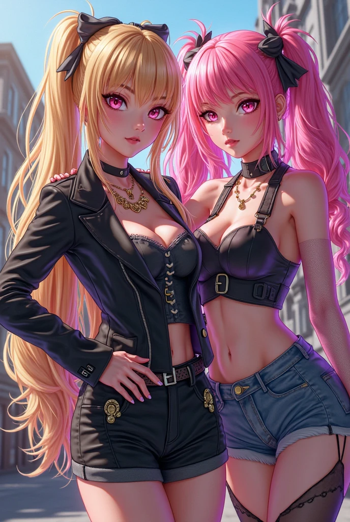 Two biker chicks seen from above, their arms on her partner's shoulder