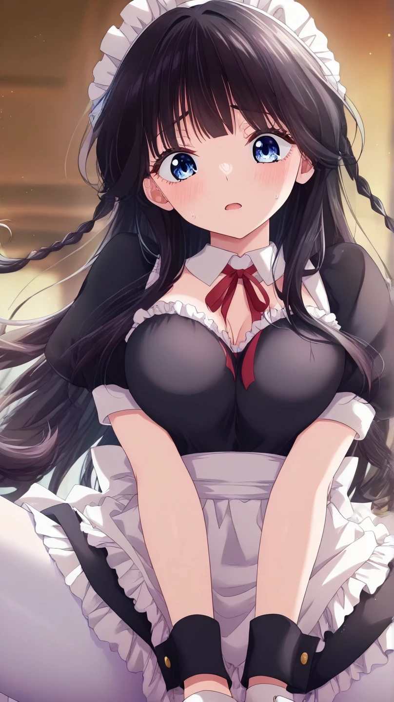 ​masterpiece, top-quality, the Extremely Detailed CG Unity 8K Wallpapers, Ultra-realistic 8kCG, perfect artwork, The perfect female figure, Dramatic shadows, (Perfect ligthing, Detailed light, (((1girl))), ((long straight black hair)), Model body type, large full breasts, huge breasts, ((cute face)), black eyes, (looking at viewer), (beautiful eyelashes), horny face, blushing, embarrased, Beautiful face, (beautiful chest line:1.2), (cleavage), beautiful a girl, Exquisite facial features depicting the perfect face, blushing, Naturally beautiful, sexy, erotic, curvy body, Light and beautiful thigh, (maid, maid uniform), garter belts, stockings, bedroom, detailed, realistic light and shadow, 8K resolution, (glistning skin:0.9), perfect hand, full body camera shot, full body