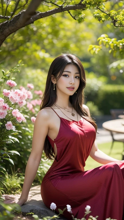 ((facial portraits, upper-body, close-up)),(best quality,4k,8k,highres,masterpiece:1.2),ultra-detailed,(realistic,photorealistic,photo-realistic:1.37),(1girl),(18years old),(((irene1:1.2))),(((Excella_er5:1.2))),(sharp focus:1.5),pearl skin,(skin pores:1.1),extremely detailed face and skin texture,(skin texture:1.1),black hair,tall and slender body,(192cm tall),thin and delicate figure,graceful posture,strong and defined muscles,flawless skin,defined abs,perfect curves,feminine appearance,embodying elegance and beauty,cleavage breasts,((wearing a (red) shirt dress)),vibrant colors,extremely detailed and realistic clothes,(colorful),(film grain:1.3), a girl in a garden,oil painting,ultra-detailed, soft lighting, high-res, professional, natural sunlight, serene environment, blooming flowers, soft breeze.