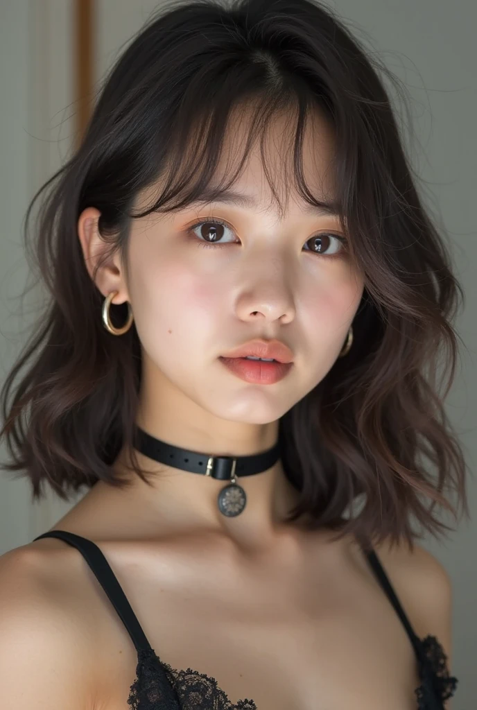 (highest quality,8k,32k,masterpiece,Ultra-high resolution:1.2),((Sexy expression:1.2)), ((Medium Hair,Beautiful bangs:1.5)), Positive, Professional Lighting, Flash photography, Shaded photo,((Cleavage:1.5)),((small breast)), whole body, Face Focus, Choker Necklace, Plain grey background, ((black clothes with a wide open chest:1.2, Tight clothing:1.2)), ((I can't look directly at the nipples:1.5, Know the shape of your nipples:1.6))
