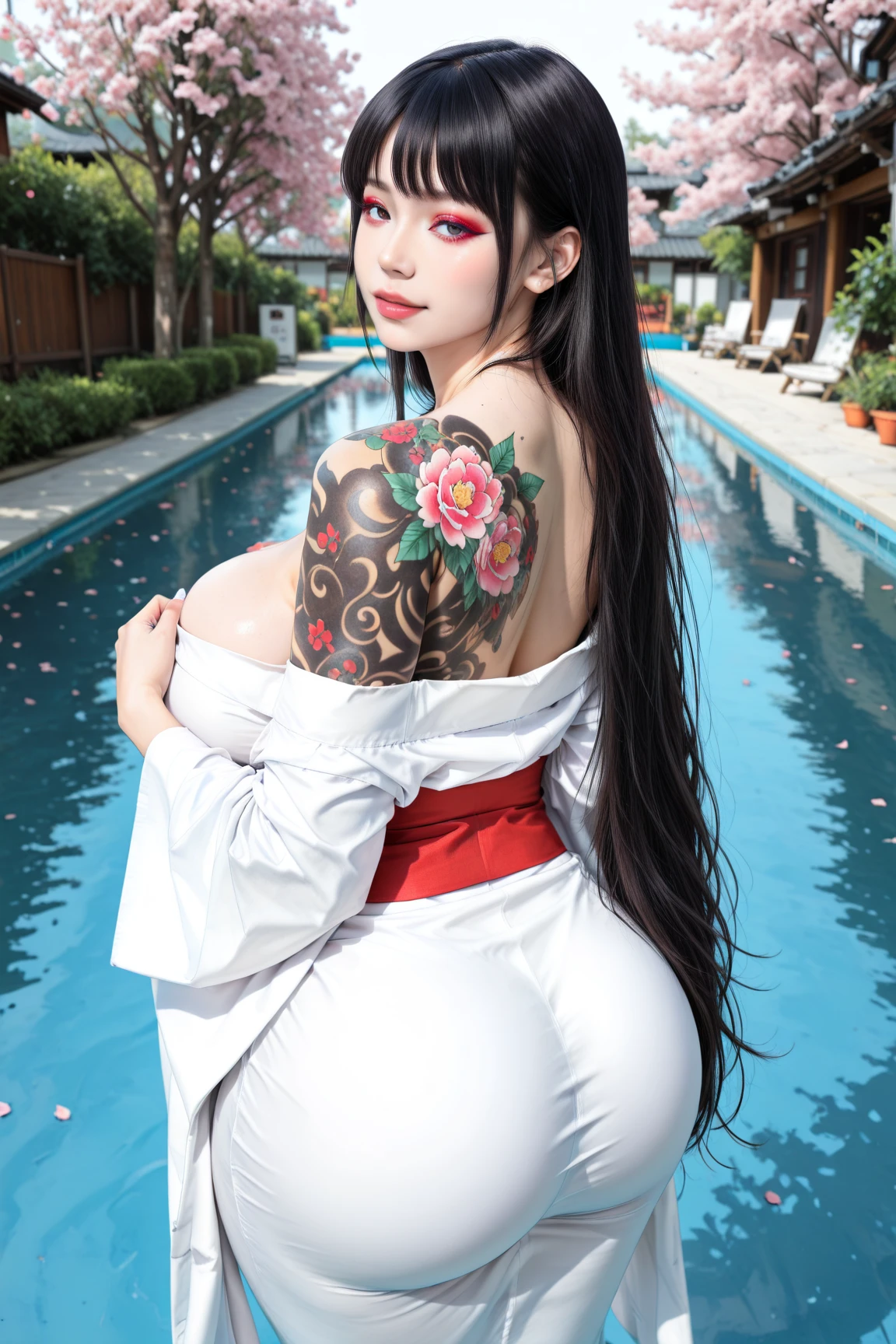 masterpiece, top quality, best quality, official art, beautiful and aesthetic:1.2),1girl, tattoo, solo, naked, naked Japanese adult, hair ornament, unsheathing, black hair, sheath, dragon tattoo, blue eyes, looking back, from behind, flower, looking at viewer, holding, makeup, outdoor, huge breasts and hourglass figure