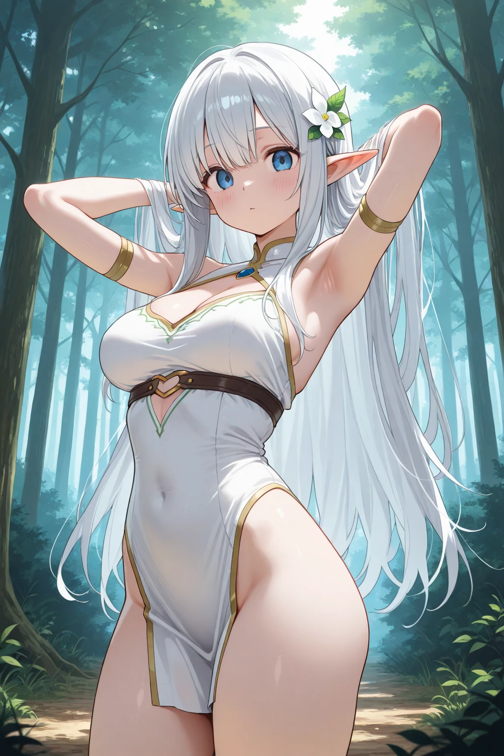 1 girl, alone, mio takamiya, ((masterpiece)), (best quality), official art, extremely delicate and beautiful, detailed, ultra detailed, beautiful detailed eyes, detailed face, standing, outdoor, garden , cowboy photo, looking at viewer, from behind, focus on ass, point of view (from below), smile, very long hair, messy hair, silver hair, hair ornament, two hair flowers, locks, hair between the eyes, blue eyes, jewelry, bare shoulders, cleavage, collarbone, white dress, long dress, transparent, large breasts, medium waist, wide hips, medium thighs, round butt, under the breasts, side slit, bare legs, barefoot, perfect anatomy perfect hands