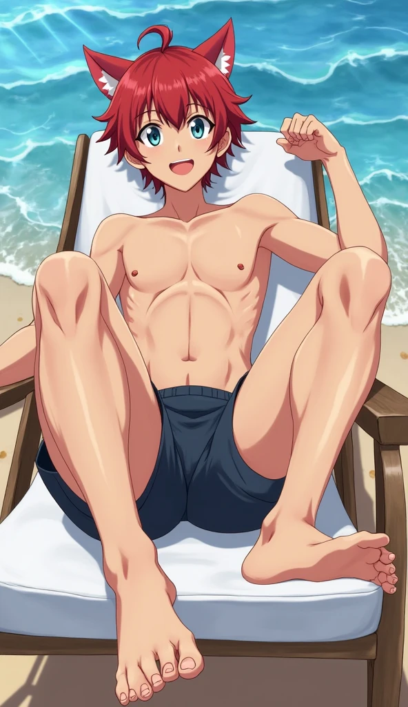 1boys, full body, male focus, muscular male, best quality, amazing quality, best aesthetic, absurdres, chilling at the beach, gay, official style, year 2023, game cg, looking at viewer, happy, looking at viewer, together on picture, yaoi, gay, abs, wet with milk dripping, (Itadori Yuji), Jujutsu kaisen, nipples, pink hair, arms back of head, wearing black short underwear.