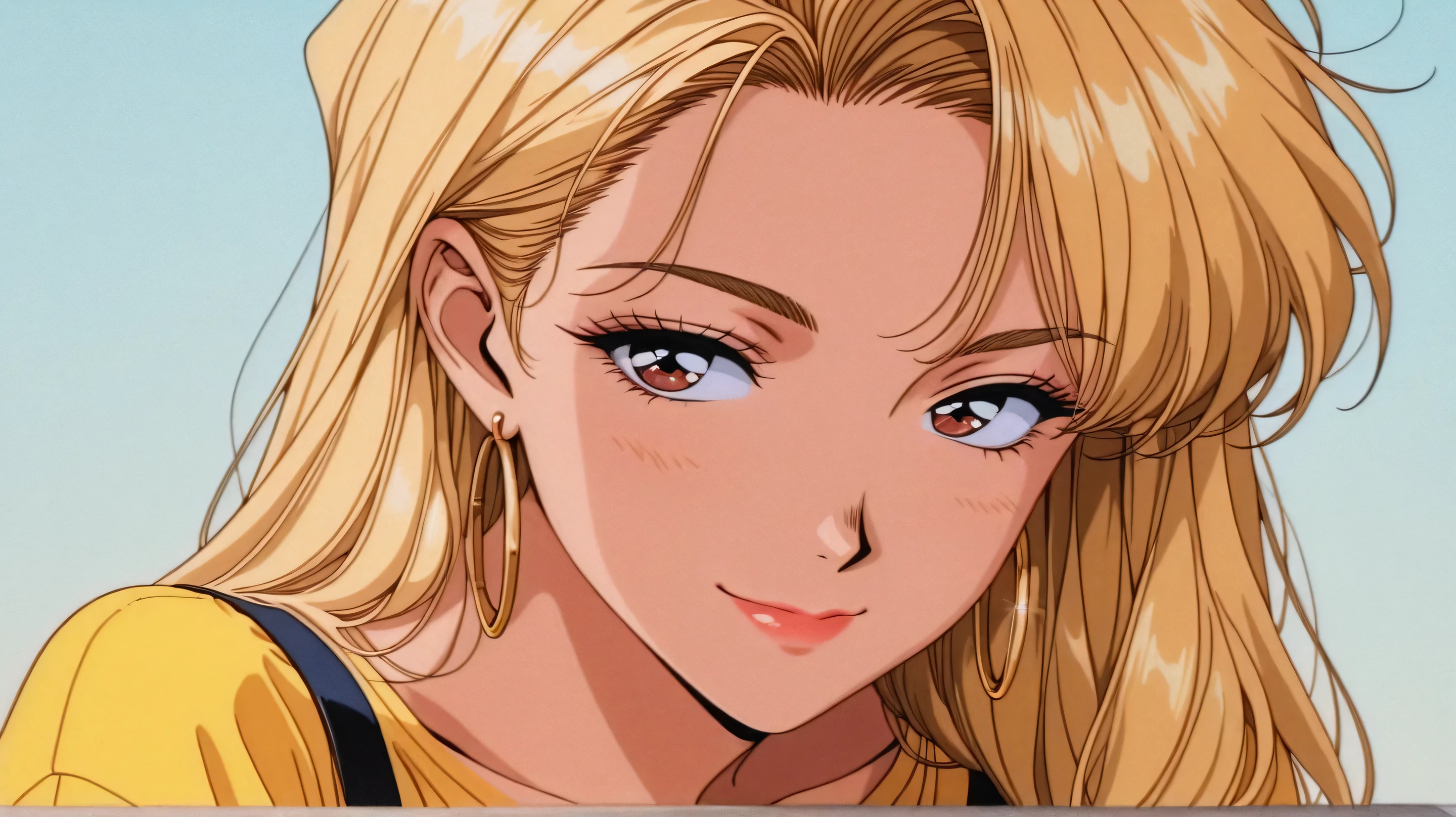 Masterpiece,Best Picture Quality,Stunning picture quality,1 girl, solo, super beautiful , Smile,Masterpiece, best quality, 1 girl, ,blonde, Shut up, Hoop Earrings, jewelry, red slit dress with suspenders, long hair, Fashion Magazine,simple background, face close-up, solo, , yellow shirt, 90s _cartoon_aesthetics, 1990s (style), Retro, Retro artstyle, high resolution,