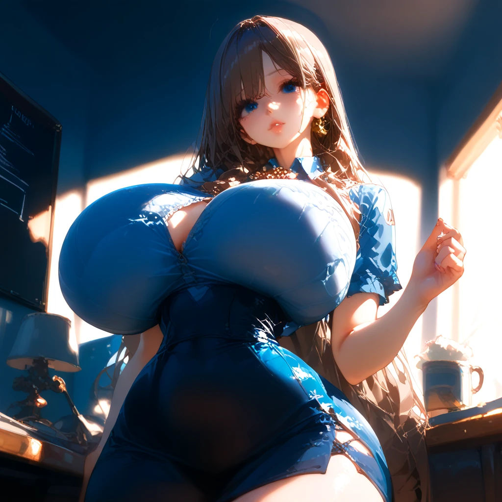 nsfw:1.5,Highest quality、In 8K、masterpiece、Hmph、Ultra-high resolution、RAW Photos、(Realistic:1.3)、Natural soft light、(Written boundary depth)、thin、(whole body:1.2)、From behind、Detailed face and eyes、Realistic、Sharp pupils、Inside the warehouse、Young Face、High school girls、Beautiful Girl、Glowing Skin、(ponytail:1.2)、Beautiful brown hair、Red Eye、(blush:0.7)、((Embarrassed face:1.2,blush:1.8))、Sweat、(Thighs Thighs Thighs Thighs:0.8))、((Huge Breasts:1.8)、Erect nipples)、(Small Nose、Small Nose)、Attractive waist、(Overflowing sexual fluid:1.5)、((Light blue sexy lingerie:1.5))、Dynamic pose:1.5、(I want to see up to my knees:1.5)、Top view
