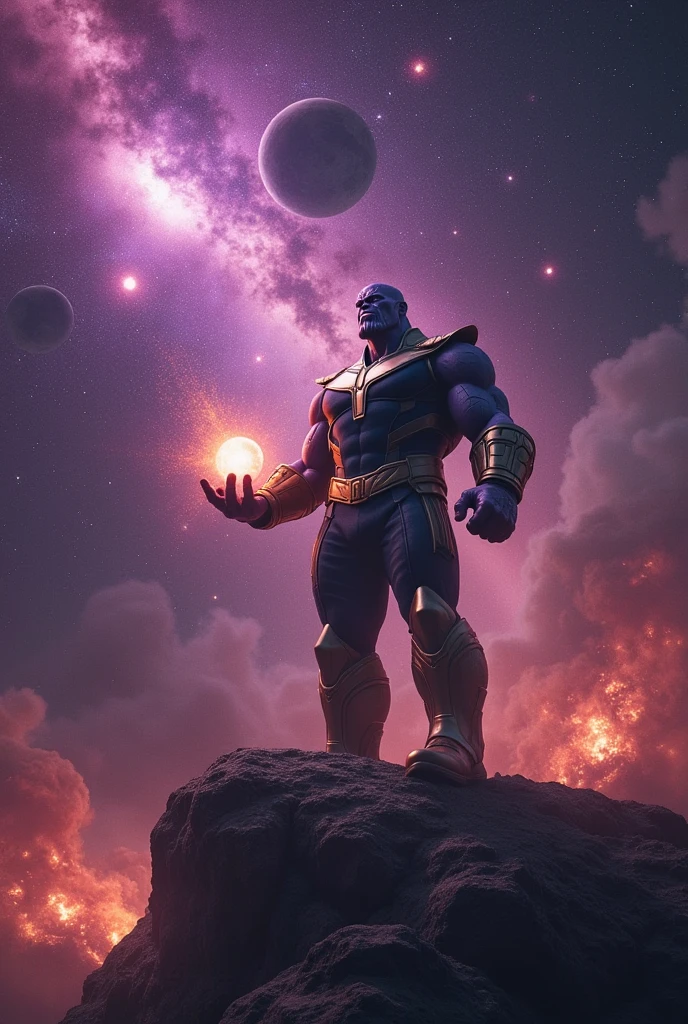 shadowy portrait of Marvel's Cosmic God Thanos, Thanos is wearing a cosmic helmet and armor, extremely detailed, futuristic cosmic background, night, glowing neon lights, smoke billowing, sparks, flying debris, blue energy effects, volumetric light, celestial light blue skin, all-powerful, infinity gauntlet, universal size, looming giant, thanos is holding the earth in his hand, white glowing eyes, monsterously huge bodybuilder physique. Wide shoulders reaching the edge of the image