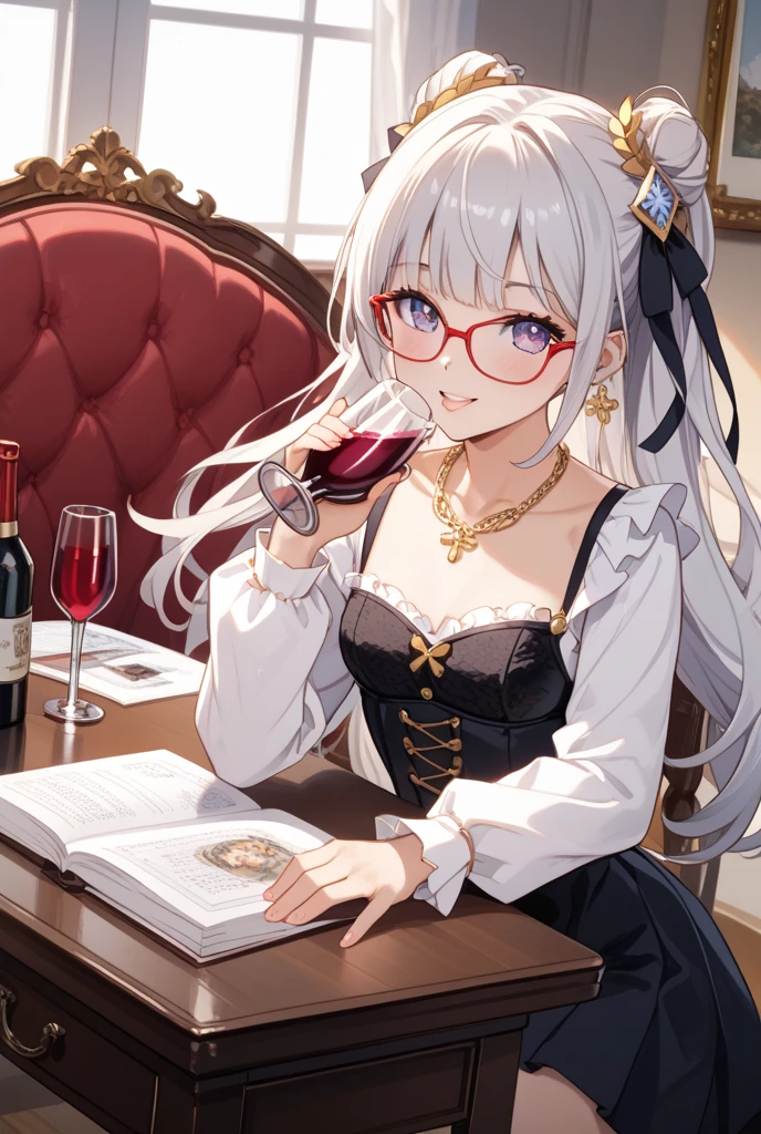 Silver-white hair, wolf cut hair, under-frame glasses, ice-coloured eyes, narrow eyes, teardrop mole, 27 years old, luxury sofa, wine glass, wine bottle, male mafia, 1 person