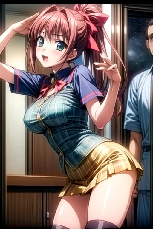 asakura_yume,Brown Hair,Medium Chest,Aqua Eye,White skin,((Are standing)),((surprise)),((Embarrassment)),((sorrow)),((Sleeveless_sweater)),mini skirt,(((crowded train))),((Multiple men)),nsfw,((Multiple molesters)),(((((Yume Asakura_A molester grabs my breasts))))),((No bra)),Nipples,