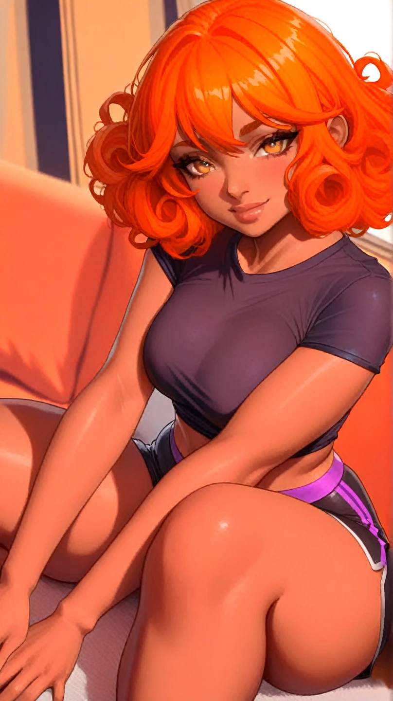 ebony girl lying down resting on her forearms, heterochromia eyes, red hair, short hair, bob cut, arms under breasts, dark skin, (realy luxuriant afro-textured hair), messed rainbow hair