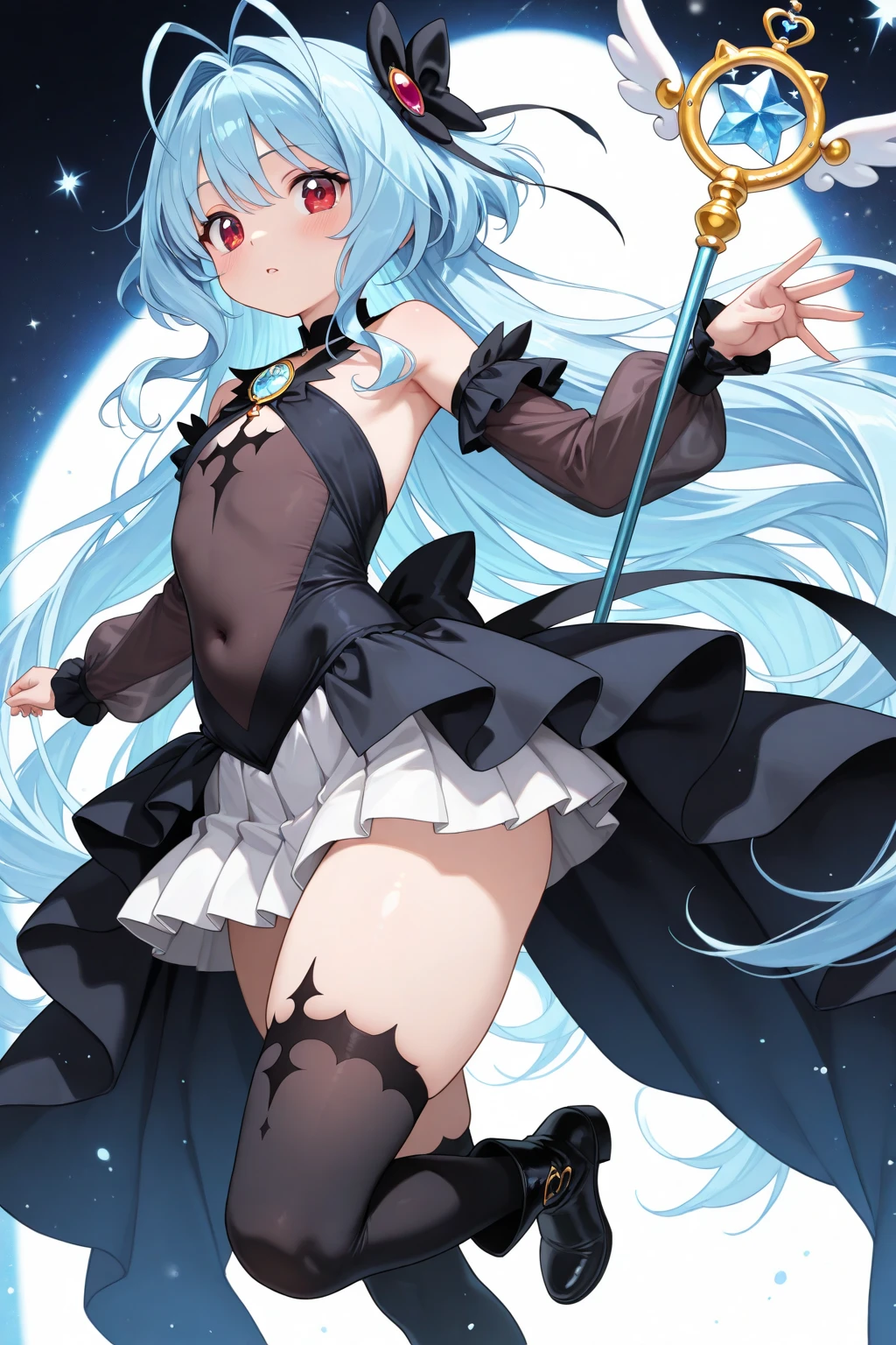 (((1girl))), ((best quality)), ((masterpiece)), ((ultra-detailed)), (illustration), (detailed light), (an extremely delicate and beautiful), (beautiful detailed eyes), (sunlight), ((extremely light)), ((extremely clothes)), (((hyper detail))),(((((front lighting))))),(((((front light))))),
((((quite adorable magical dress with brief pleated skirt and magical hat)))),
, (((Mage))),
(((wavy long hair))), ((((platinum blonde hair)))), (((long hair))),
(((sky blue eyes))),
((((whole body)))), aged 5 to 8, ((((())))), (((((quite adorable young girl))))),
(((condescending expression))), (mischievous smile with sexual satisfaction), (((extra adorable))), (((extra slender shape))),
(((extremely beautiful detailed face))),
((elegant magic gloves)),
((elegant magic boots)),
(((bravely and dynamically attacking enemies with a Magic of Star Light Explosion))), ((Dutch angle)), (((magical gold panties))), ((((rear view)))),
(((()))),
(((extremely thin thighagical stockings)))