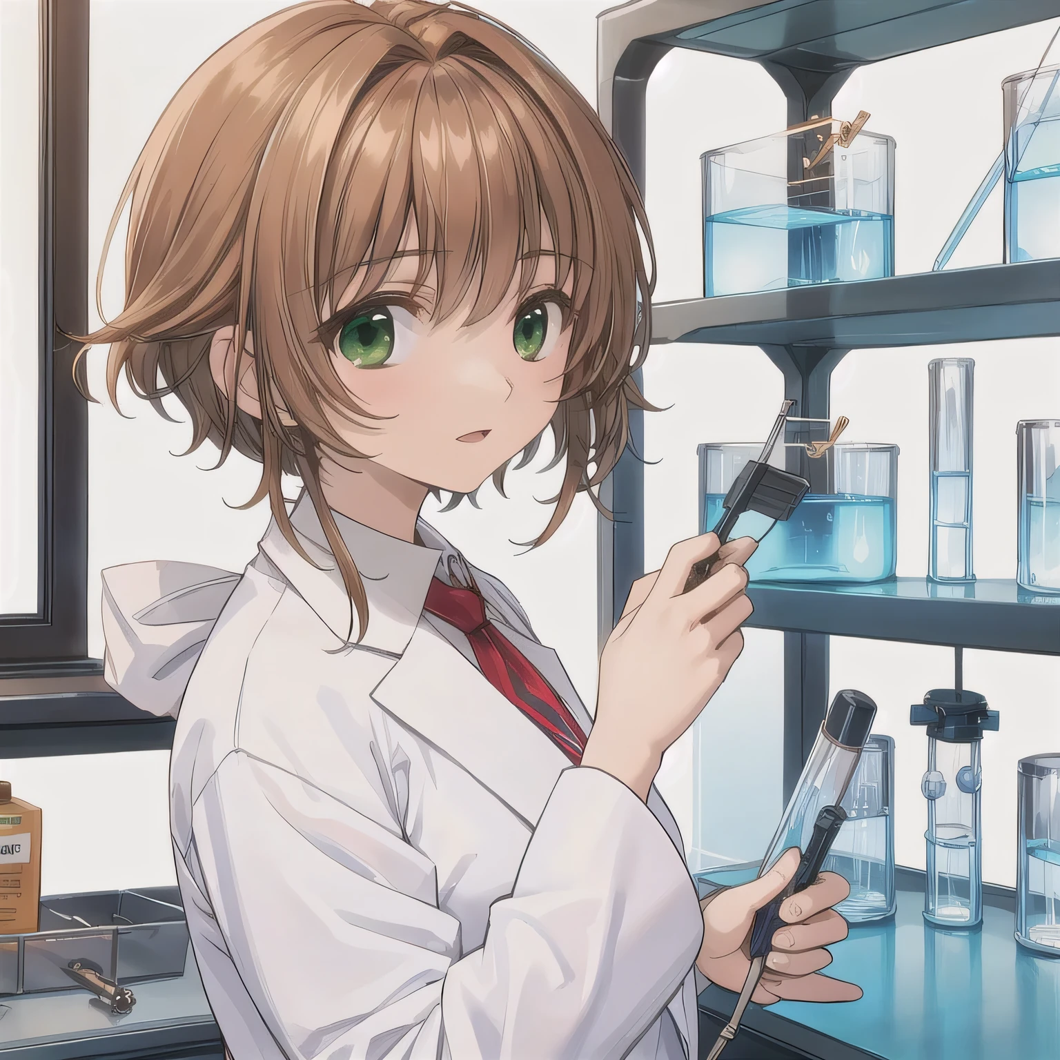 Depict a 20-year-old, stunningly beautiful woman conducting an experiment in a well-equipped science lab. She wears a pristine white lab coat over professional attire, her expression focused as she carefully handles scientific instruments. Whether her hair is long and neatly tied back or short and styled, she maintains a meticulous appearance suited for the lab environment. The background features shelves filled with scientific equipment, adding to the immersive atmosphere of the setting. short hair, brown hair, green eyes.
