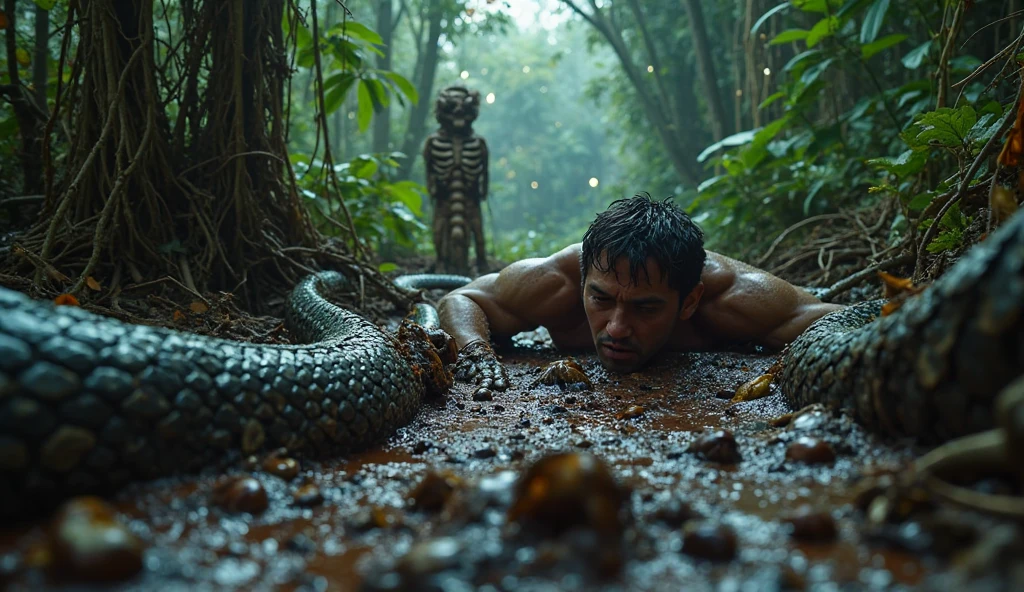A grotesque creature emerging from the shadows in darkness forest - humanoid torso with scaly skin and a sinuous snake-like lower body. Its eyes shine with an otherworldly light, and its mouth twists into a sinister smile. Its torso was humanoid, with knotted muscles and pale, scaly skin. But from the waist down it was all snake