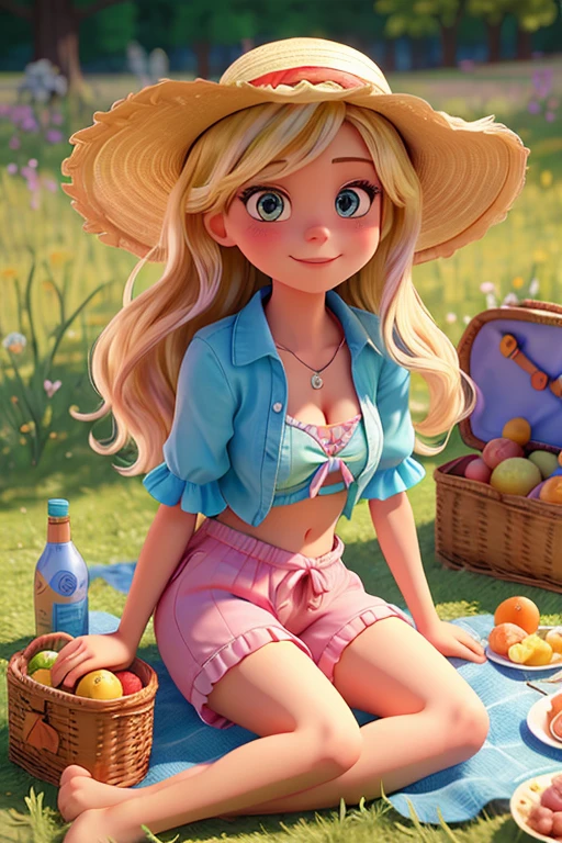 Woman sitting on the grass in a bikini top, beautiful and smiling, 23 years old, cartoon style, caricature