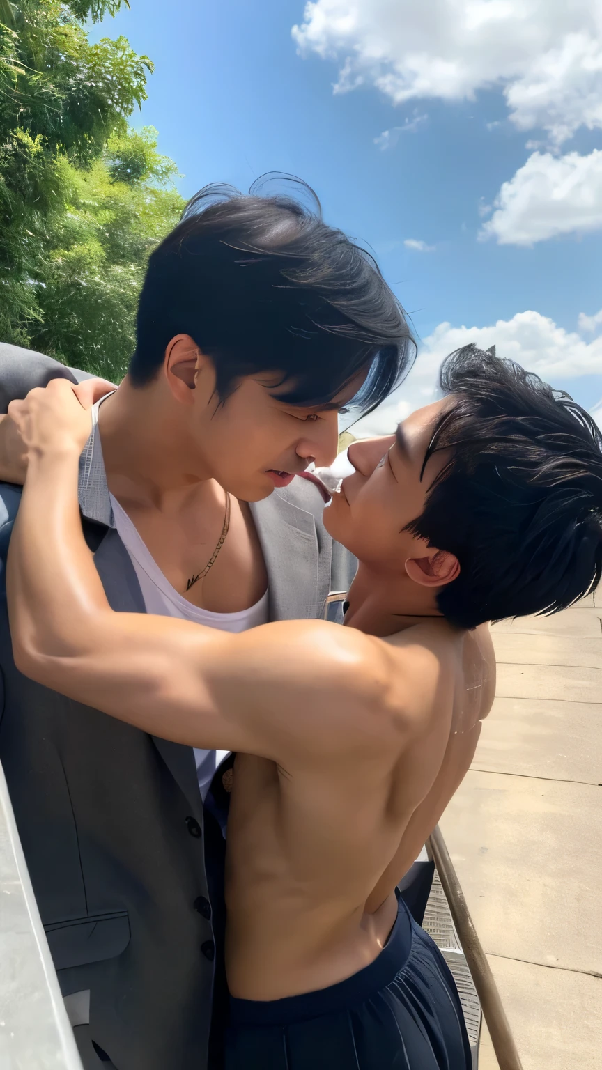 2 young Asian men , naked, full body, Lie on your back. , hug and kiss , big penis, Naked with a penis, fit , Has abs, Beachfront