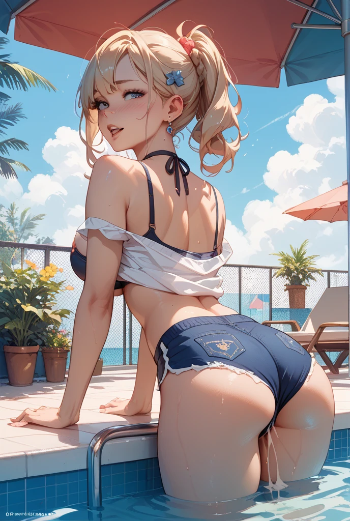 master-piece,hyper quality, hyper detailed,perfect drawing,solo, brilliant, beautiful, beautiful girl in swimsuit, round and cute ass, punipuni, meaty ass, ass sticking out pose, B99W66H110, height 140cm, chubby, plump, tanned skin, cheeky smile, swimming club, competitive swimsuit, One-piece type swimsuit, sober swimsuit, 40 years old, legs shoulder-width apart (30cm), water from the crotch, embarrassed expression, blush, moist eyes, blue sky, school swimsuit, competitive swimming pool, taken from the back diagonally below, thin fabric swimsuit, light from the front, forward light, sunlight, summer sky,