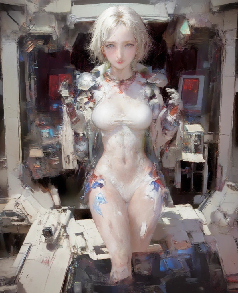 (Masterpiece: 1.2), (White Nurse Uniform: 1.1), (Thin Legs: 1.1), (Balance), (Ja: Elegant Lace or Fine Details), (Camera: Low Angle), (Character: 1 Girl), Delicate Facial Features, (Ja: Blue Eyes), (Ja: White Skin), (Ja: Shiny Hair), (Embedded: Nursing Tools), (Ja: Transparency), (Ja: Calm Atmosphere)