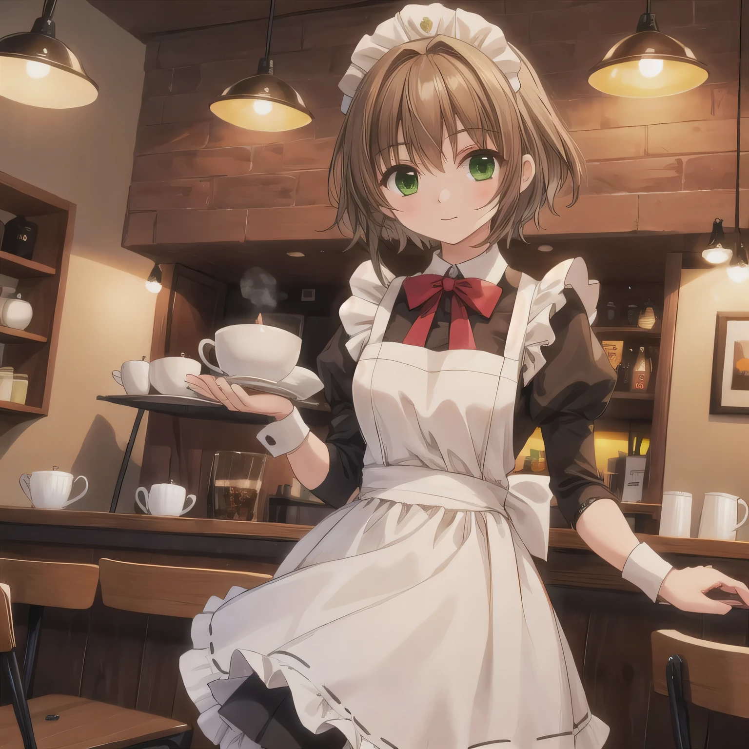 A girl is working as a waitress in a cozy cafe. She's wearing a classic maid outfit. The air feels warm and calm, and it's like you can almost smell the coffee through the picture. short hair, brown hair, green eyes.