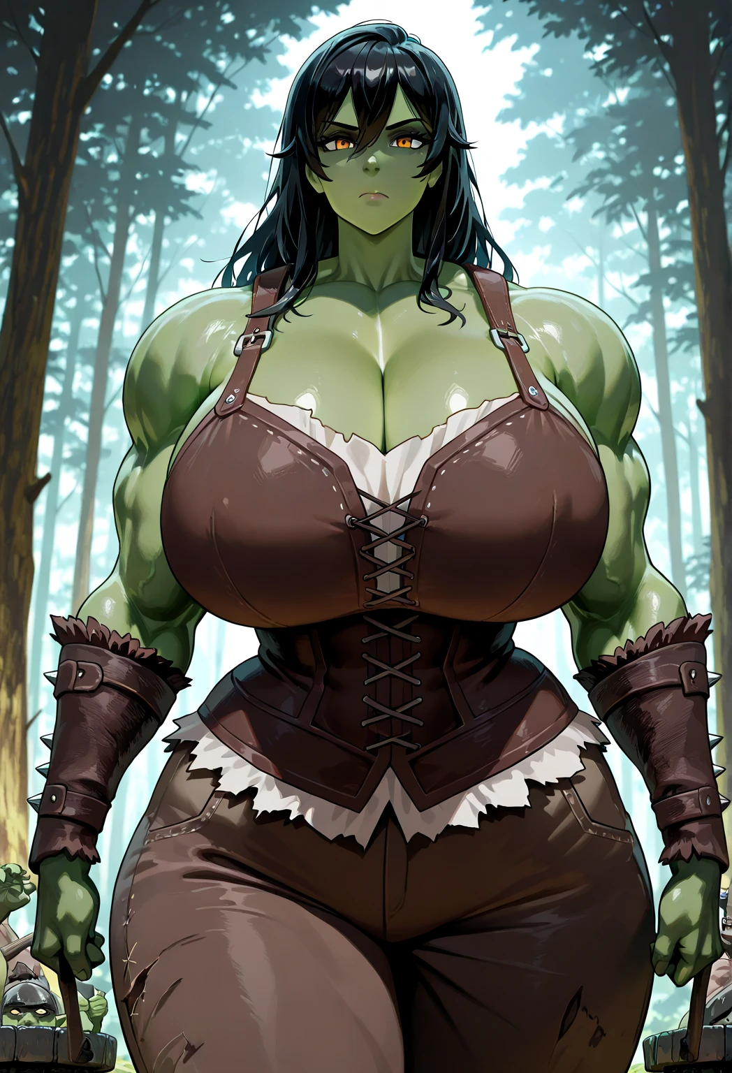 (masterpiece, top quality, best quality, official art, beautiful and aesthetic:1.2), (1girl:1.3), (((Massive Female Bodybuilder:1.5))), dark brown hair in a single braid, extremely detailed, portrait, looking at viewer, solo, (full body:0.9), detailed background, close up, cat eyes, (warm summer forest theme:1.1), ((elf)) ranger, charlatan, smirk, mysterious, walking in forest, revealing ranger attire, brown leather, cowl, cloak, corset, long boots, buckles, straps, pouches, bow and arrow, green fabric, brown leather, ((((gigantic breasts:1.45)), cleavage, skindentation)), slim waist, slim hips, long legs, medieval (forest exterior:1.1) background, dark mysterious lighting, shadows, magical atmosphere, dutch angle