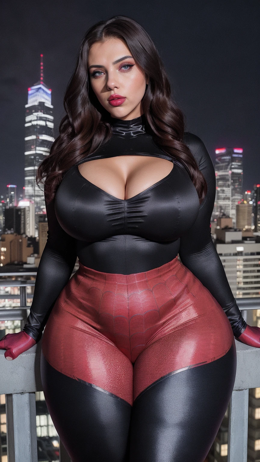 Female super hero, dark brown hair, curvy, hourglass, busty, wide hips, full body, sexy face, flying over a city, glowing hands, nervous face, embarrassed, huge breasts, big heavy breasts, full lips, super hero suit, 8k, high quality, movie quality, beautiful face, ultra high quality
