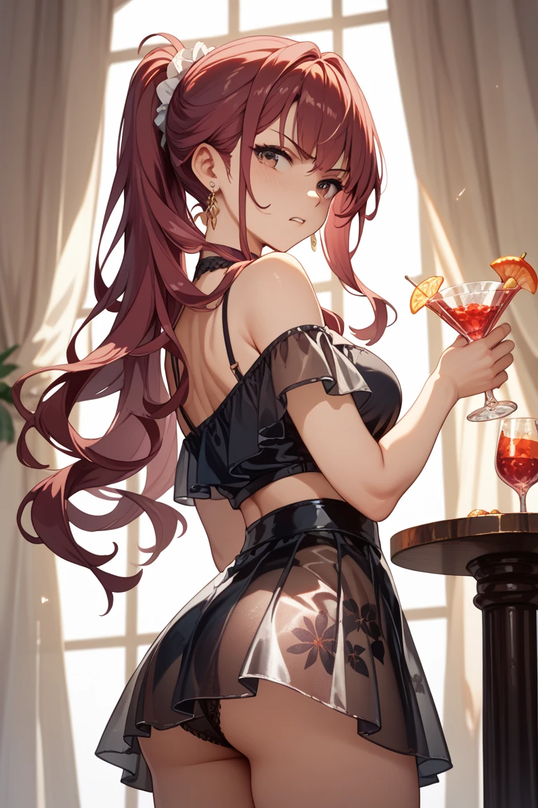 highestbid hairstyle, outfit-highestbid, 1girl, cup, solo, breasts, long hair, red eyes, earrings, drinking glass, holding cup, looking at viewer, smile, large breasts, champagne flute, holding, white background, bangs, simple background, brown hair, thighs, ahoge, leaning forward, from side, bent over, closed mouth<lora:outfit-HIGHESTBID-pynoise:1>