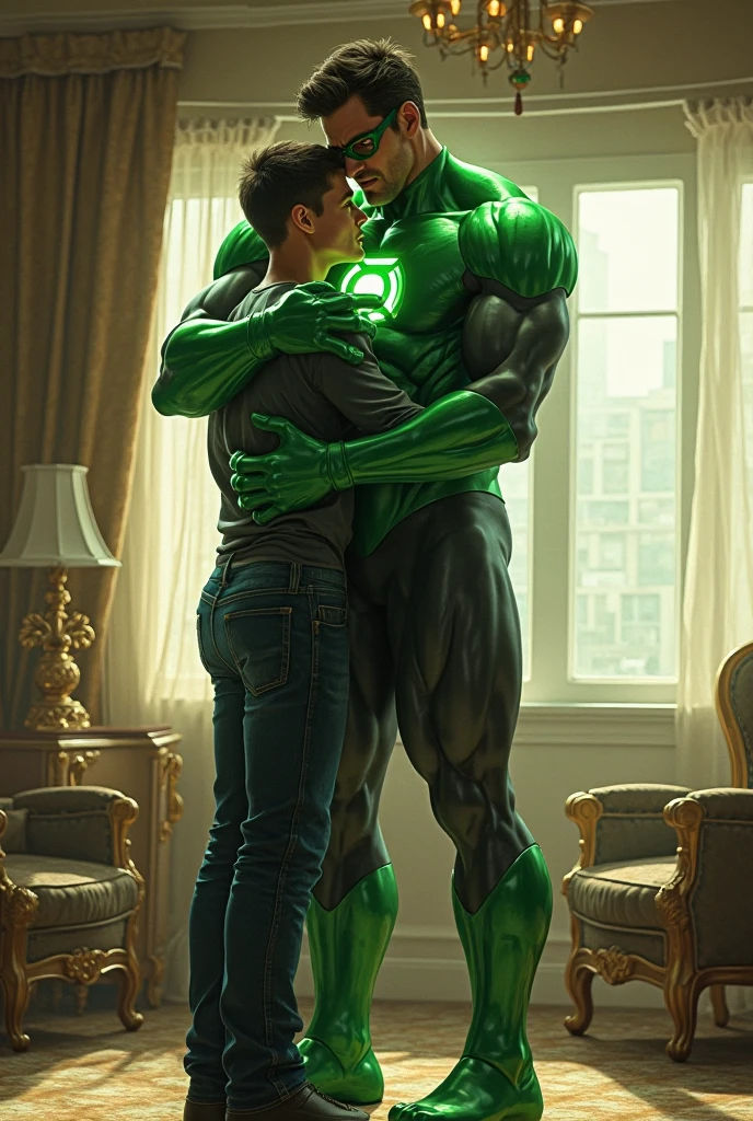 3 hombres, cuerpo completo, vello facial rapado, Green Lantern and superman drunk, asleep and masturbated d by another small nerd gay guy on the bed, bulto grande, enorme_, mostrando pectorales y abdominales completos, mostrando, wet dreams, Great erection, bulto grande, besos, gay pornographic
