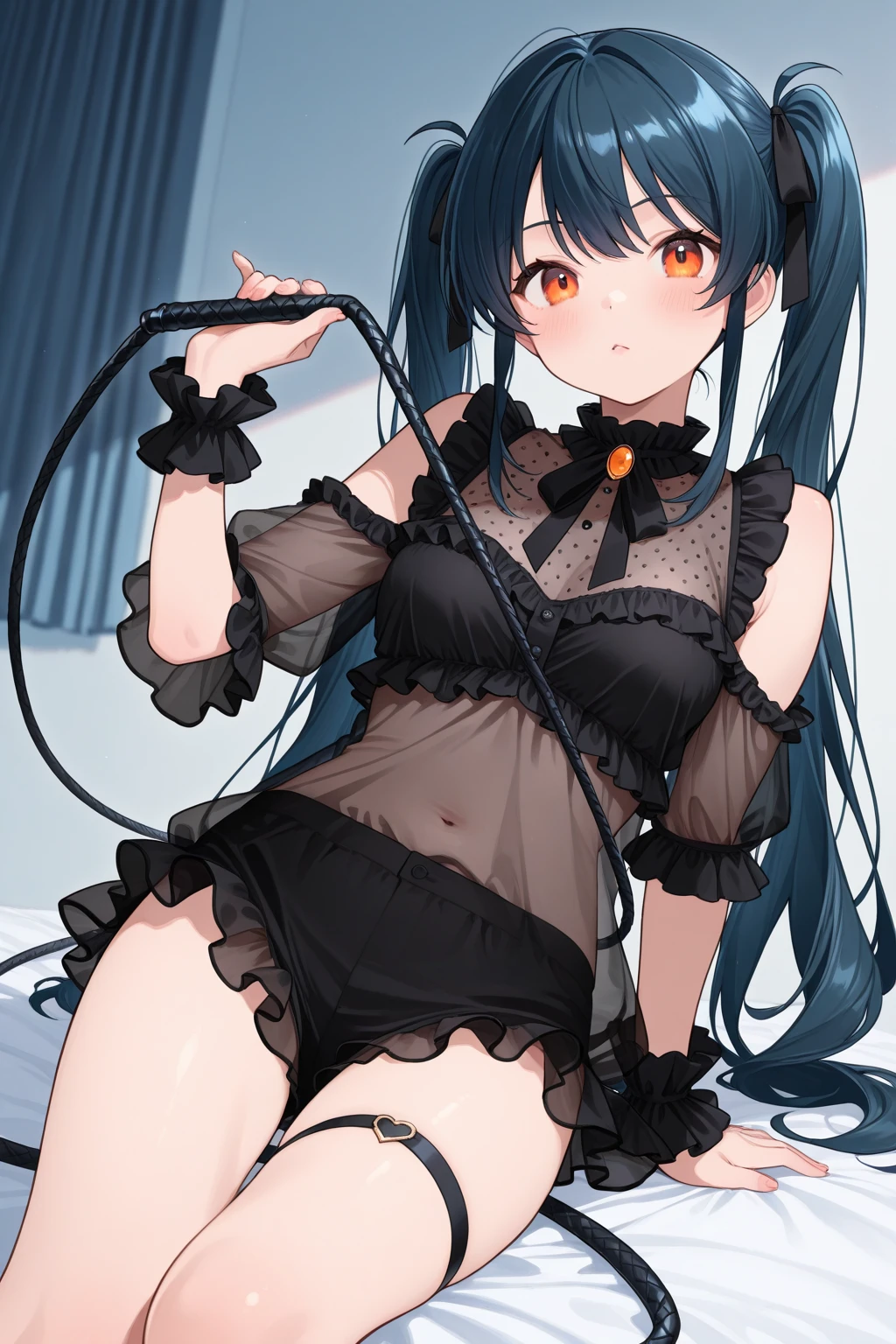 Both hands tied with rope,Hands on your chest,lick,from front,front view,looking at viewer, looking ahead,from above,cowboy shot,1girl,Beautiful 14 year old girl,Japanese,Slender,,low length,Small breasts,Thin legs,Small Ass,Baby Face,Small face,Black Hair,two side up,Gray Eyes,Drooping eyes,slit pupils,narrow eyes.middle School girls,Black collar with black leash,A see-through black and light blue negligee,Sexy Lingerie,open mouth,tongue out,front face,Kneeling,Straight Stand,Beautiful and detailed anime art,Mischievous smile,Sexy vibe,cum on tongue,Dimly lit room,On the bed,Simple Background,Gray background,Low lighting,