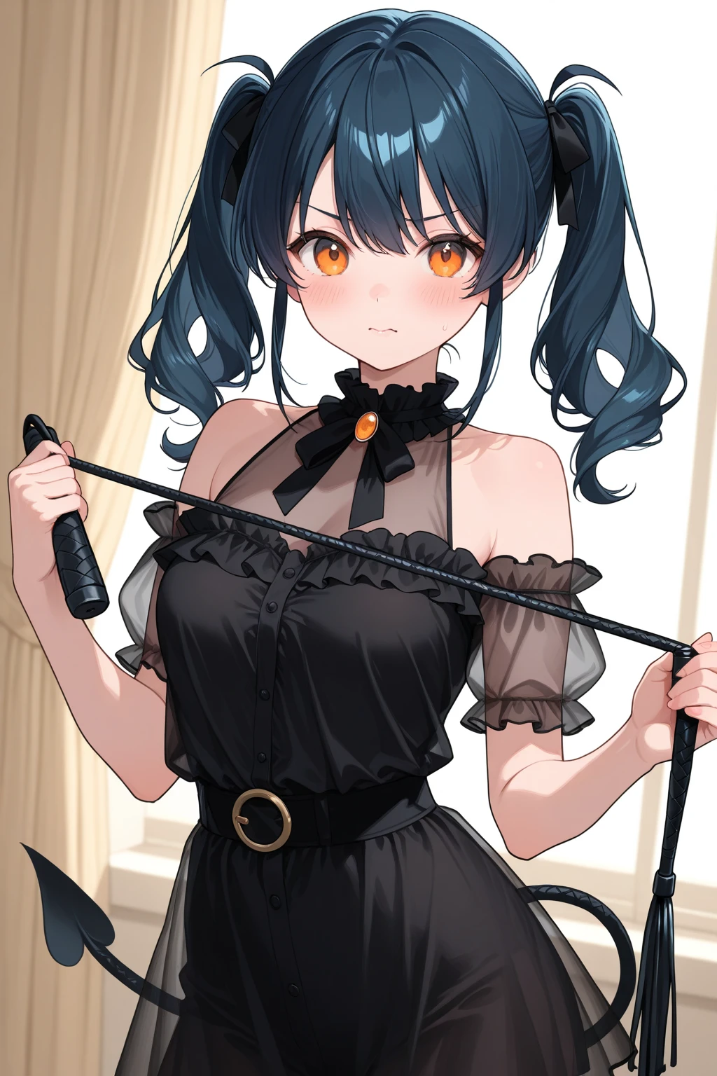 kaine, seguro, sonrisa afectada, bosque, centrarse en la cara, ,((long hair slightly wavy slightly past the shoulders, black bangs, small black pigtails on the sides, cute cat ears, beautiful thin red eyes,)), ((vestido color azul))