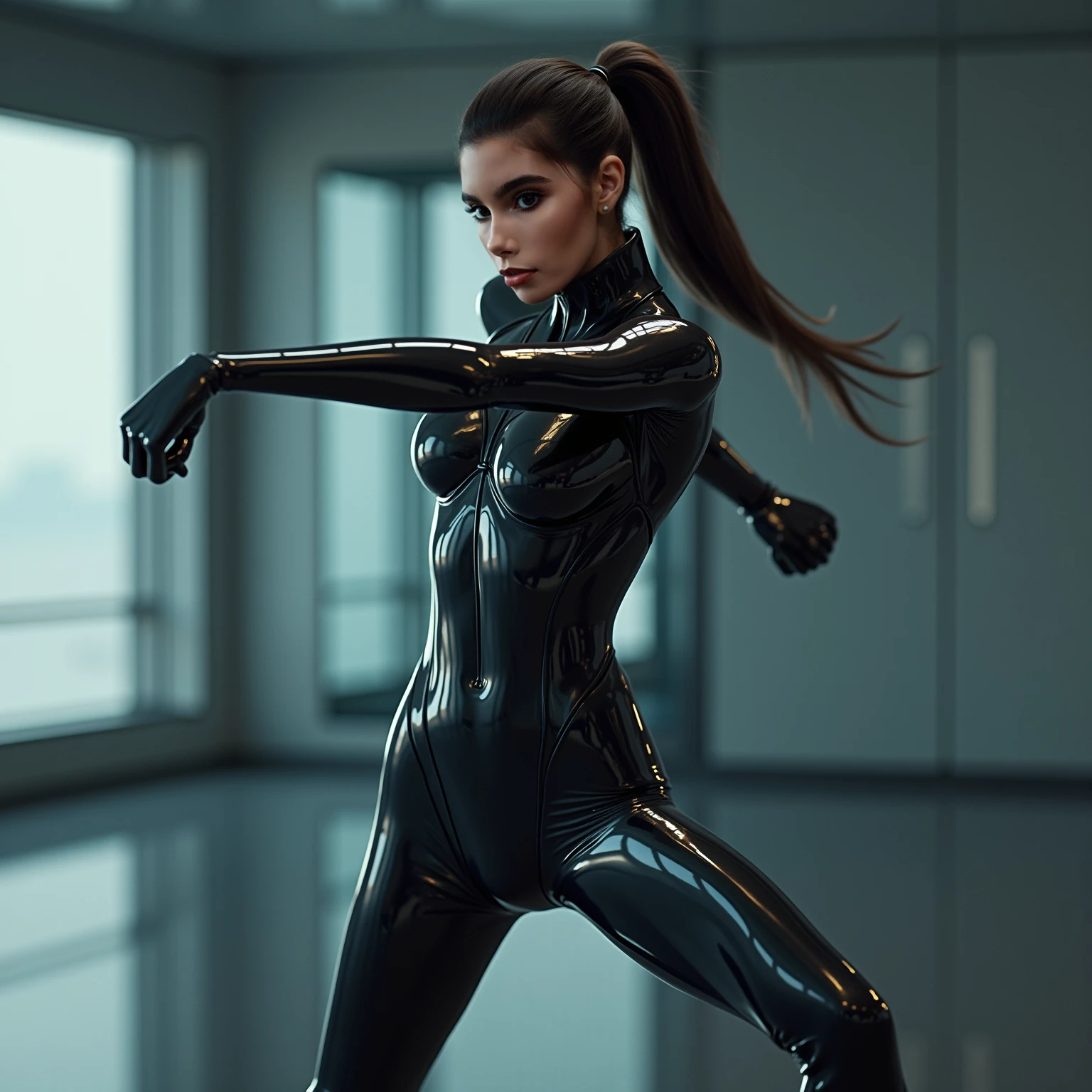 cinematic photo cinematic photo a woman with big eyes, futuristic black carbon body suit, cyberpunk background  <lora:Alita1024-2024:0.8> . 35mm photograph, film, bokeh, professional, 4k, highly detailed . 35mm photograph, film, bokeh, professional, 4k, highly detailed