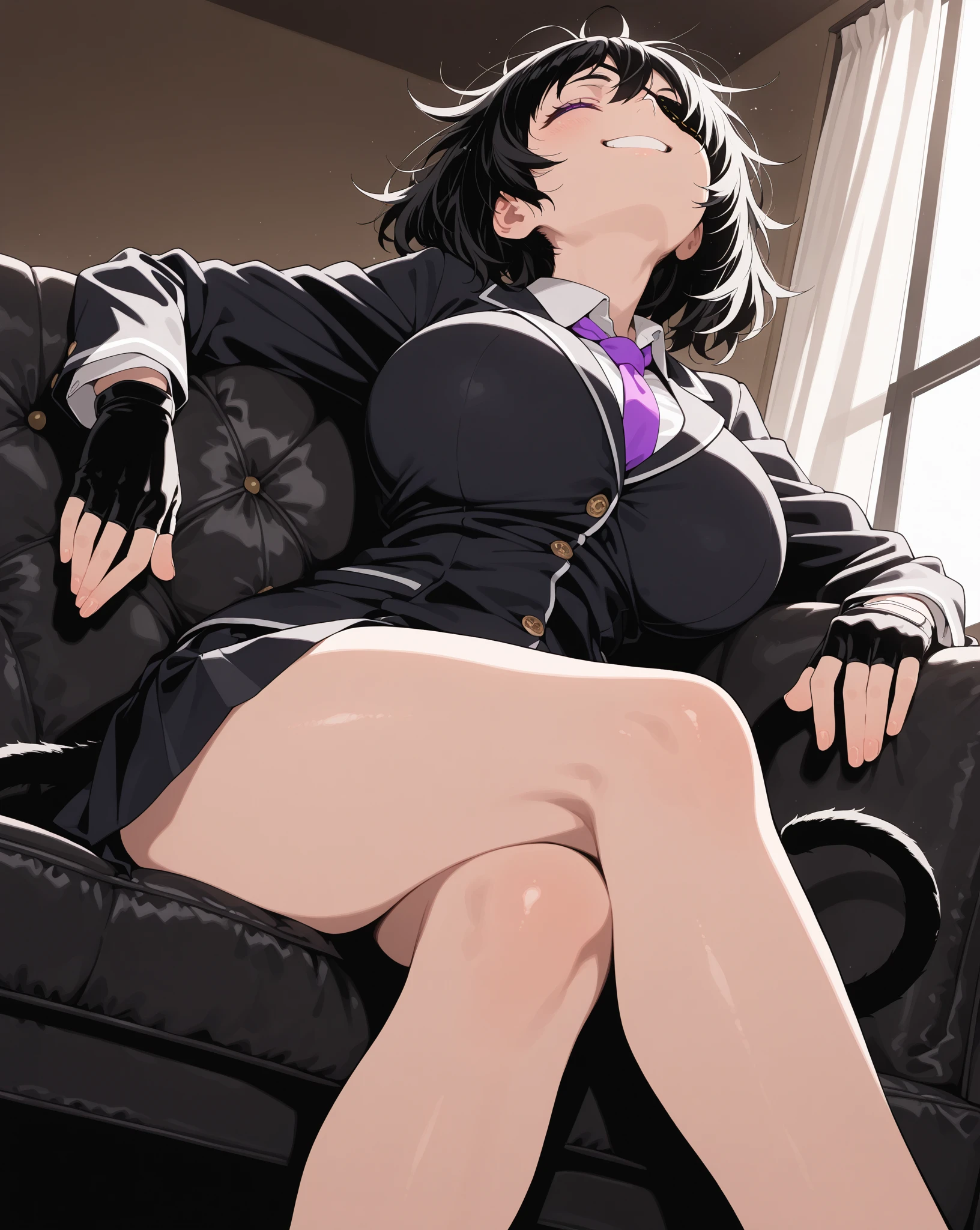 {lady with shoulder-length black hair named Rico}, business suits,tall,''short hair,lovestruck,grossy lips, (It feels like saying Hello, daytime hours), indoor,{going out style}, ((Heart-shaped choker) ), (office room), Bright background,purple eyes, Mole under the eye, Heart-shaped choker, ((Masterpiece)), Highly detailed CG Unity 8k wallpaper), Top quality,, Detailed background, beautifully detailed eyes, heart shaped pupils,hollow eyes, looking at viewer,(very delicate and beautiful)), ((beautiful) eyes (detailed description),extra large breasts, browse,shirts,vest,floating heart,sadistic smile,growing eyes,try to show me breasts and lingerie,black lace,earring,from below,crossed legs,panty,thighhigh