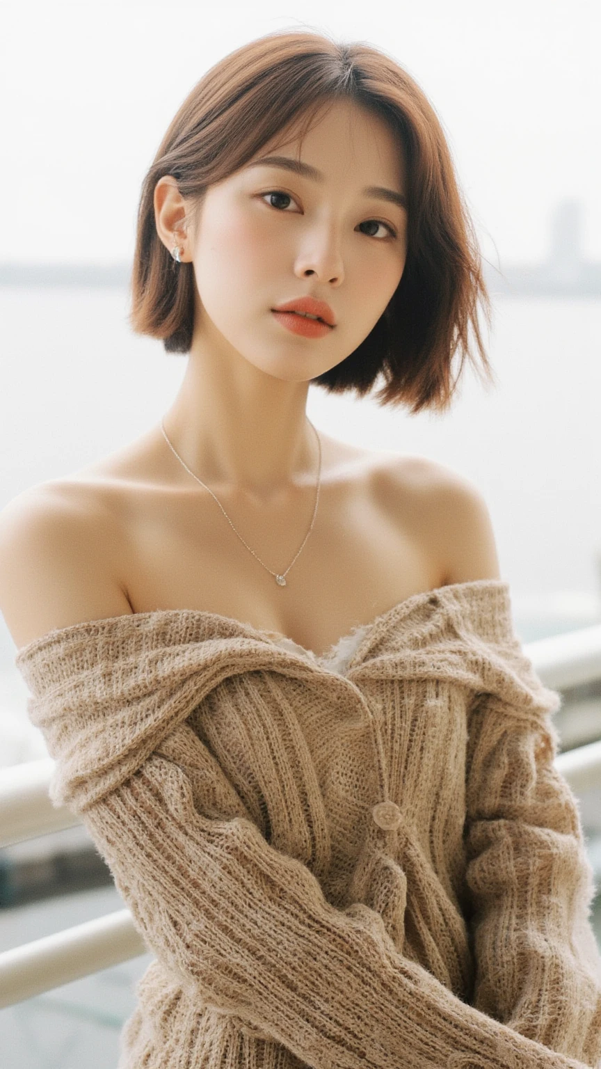 ((Best quality, 8k, Masterpiece: 1.3)), Contour: 1.2, Perfect body beauty: 1.4, Butt: 1.2, ((Layered haircut, Round chest: 1.5) ), 1girl, (hotel bed: 1.3), big breast, highly detailed face and skin texture, Beautiful eyes, Double eyelids, White skin, Long hair ,Ultra HD,8K, Moonlight night、one room、The view of the city can be seen from the window、high key lighting、studio lighting、face lamp、(Viewed from the front)、photon mapping、radio city、(Full body female love)、(Completely naked)、dark brown hair、Detailed faces、Detailed lips、Detailed eyeore skins、double eyelids、(huge :1.4)、(off shoulder sweater)、A necklace、(camel toe)、Perfect body、shiny skin、((off shoulder sweater lift:1.5))、Make eye contact with the camera,see through clothes