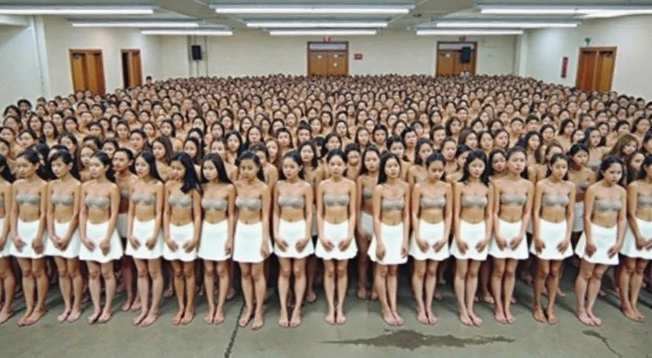 the image shows a night nude party with 12-year-old standing girls,