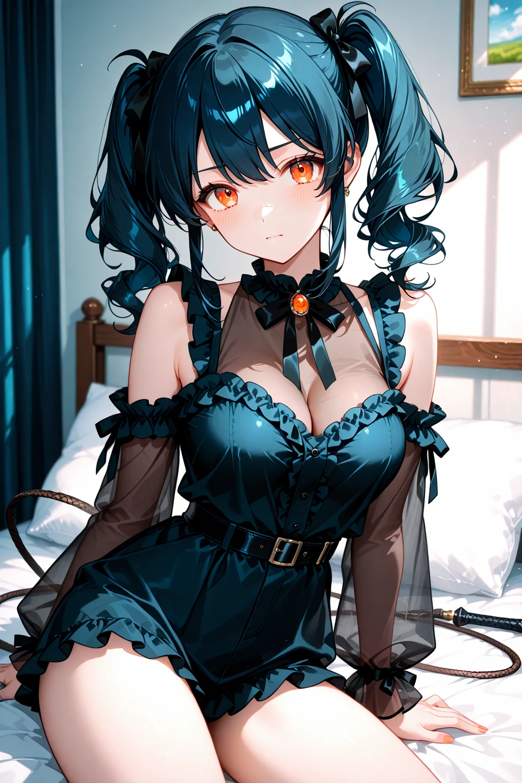 masterpiece,best quality,1girl,Miyu_MM,aqua hair,long hair,blunt bangs,sidelocks,twin braids,ring_hair_ornament,ponytail,purple eyes,hat,lingerie,expressionless,blush,sitting,crystal ball,indoors,bedroom,<lora:Miyu__Megaman:0.8>,