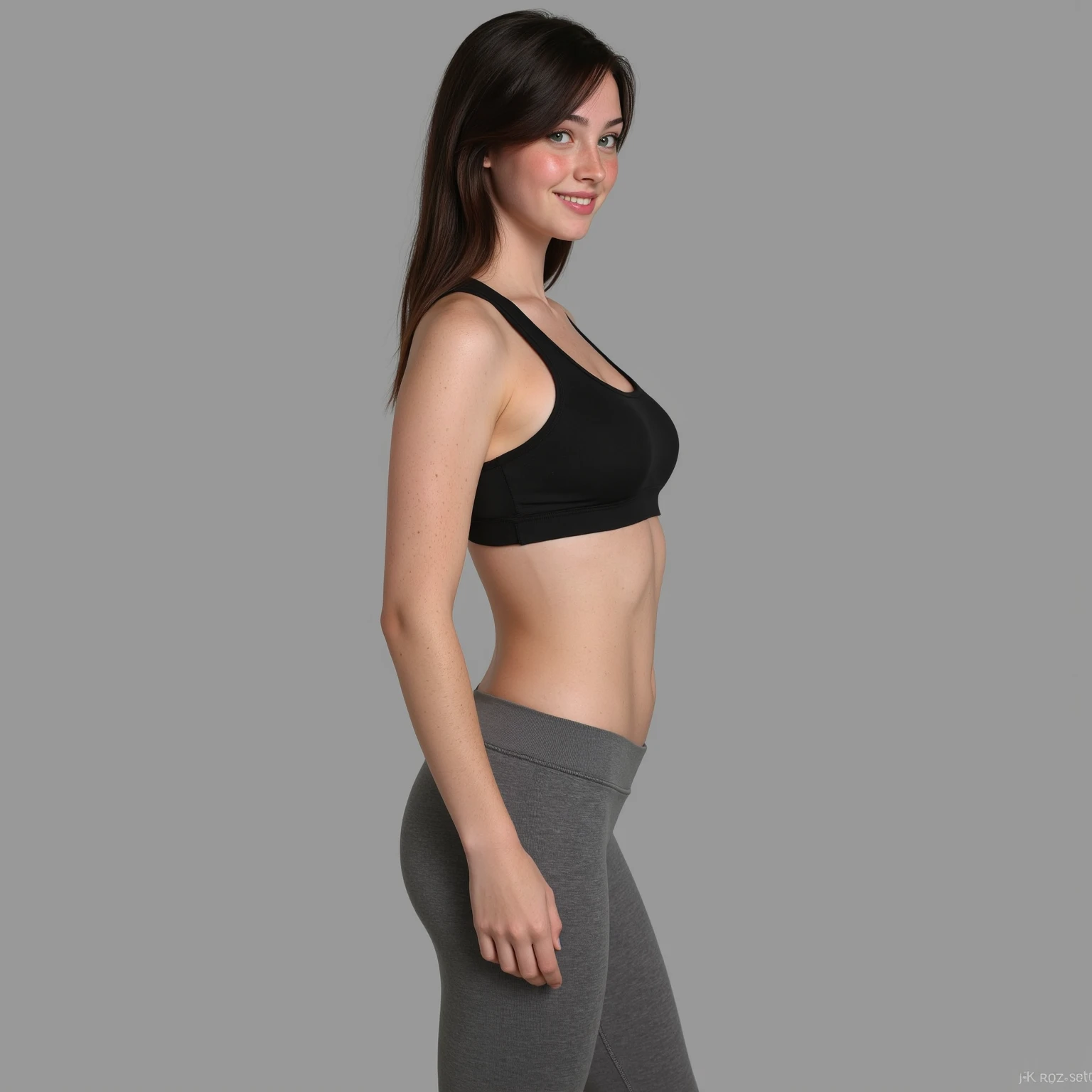The image shows a woman standing against a black background. with her hands resting on her hips as she smiles. She is wearing a vibrant purple sports tank top and heather shorts (((blue-gray-green-black))), suggesting an active lifestyle or athletic attire for working out. Her pose and smile convey a sense of joy and self-confidence. Her expression appears neutral and she is looking directly at the camera. She is about 42 years old, 1.62 tall, 60 kg, best quality, perfect face, perfect mouth, perfect hands, is standing, (full body) her slightly plump and red lips look like a delicate flower. Slim body, slim waist. Her body exudes glamor and her face is the definition of beauty. Highly realistic, reddish skin, beautiful and slightly plump lips, pink lipstick, feeling of lightness and joy, hyper-realism, very elaborate skin. Sharp photo, high quality, high resolution (ultra quality masterpiece), Ultra HD, high contrast, 16K. Masterpiece: 1.3, high resolution, (photographically realistic), NUDE, NUDITY, NFSW.
