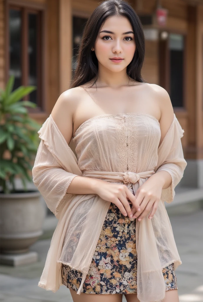Create a realistic, UHD, 8K visual of a young korean woman with an pear body shape standing elegantly in a beautifully decorated room. She is wearing traditional Indonesian attire, consisting of a white lace fitted kebaya with v deeps cuts showing her bare larged-size chest, a batik sarong with intricate patterns, and a brown scarf draped over her shoulders. Her long hair cascades over her shoulders, and she wears a delicate smile, exuding grace and poise. The background includes a round mirror with wooden accents, a green door, and a painting of a man in traditional attire. There are also indoor plants adding a touch of greenery to the room, and the yellow tiled floor complements the warm and inviting atmosphere. Describe the setting, her attire, and the cultural significance of her clothing and surroundings