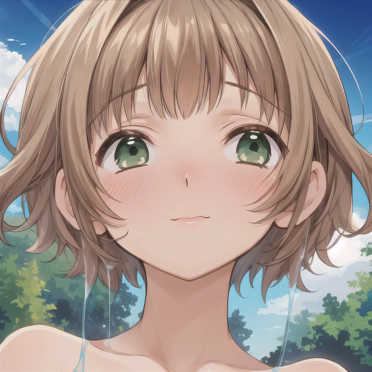 NSFW. Her cheeks are covered in a greyish-white mucus. A young woman, blushing slightly, both eyes closed, after being splashed in the face with A pale grayish-white, slightly sticky and viscous liquid, with a cloudy texture. Face slightly tilted up.  short hair, brown hair, green eyes.